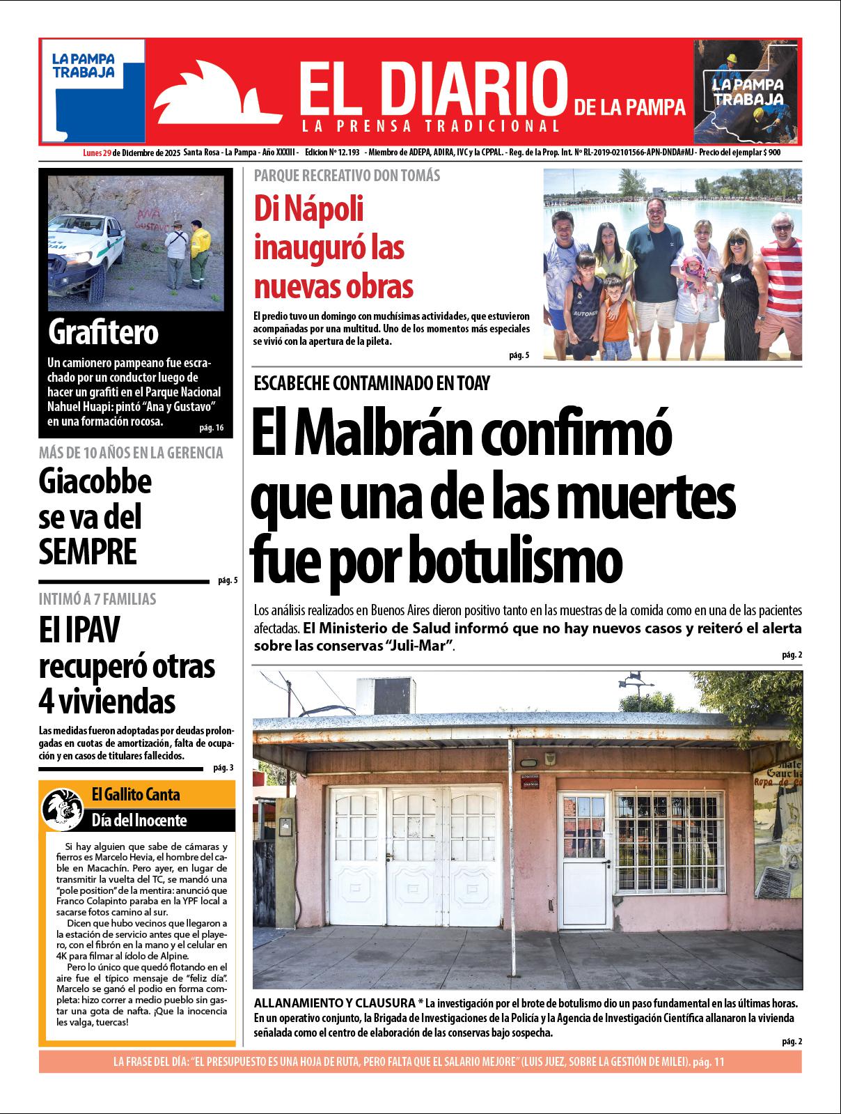 Tapa de El Diario en papel  lunes 29 de diciembre de 2026